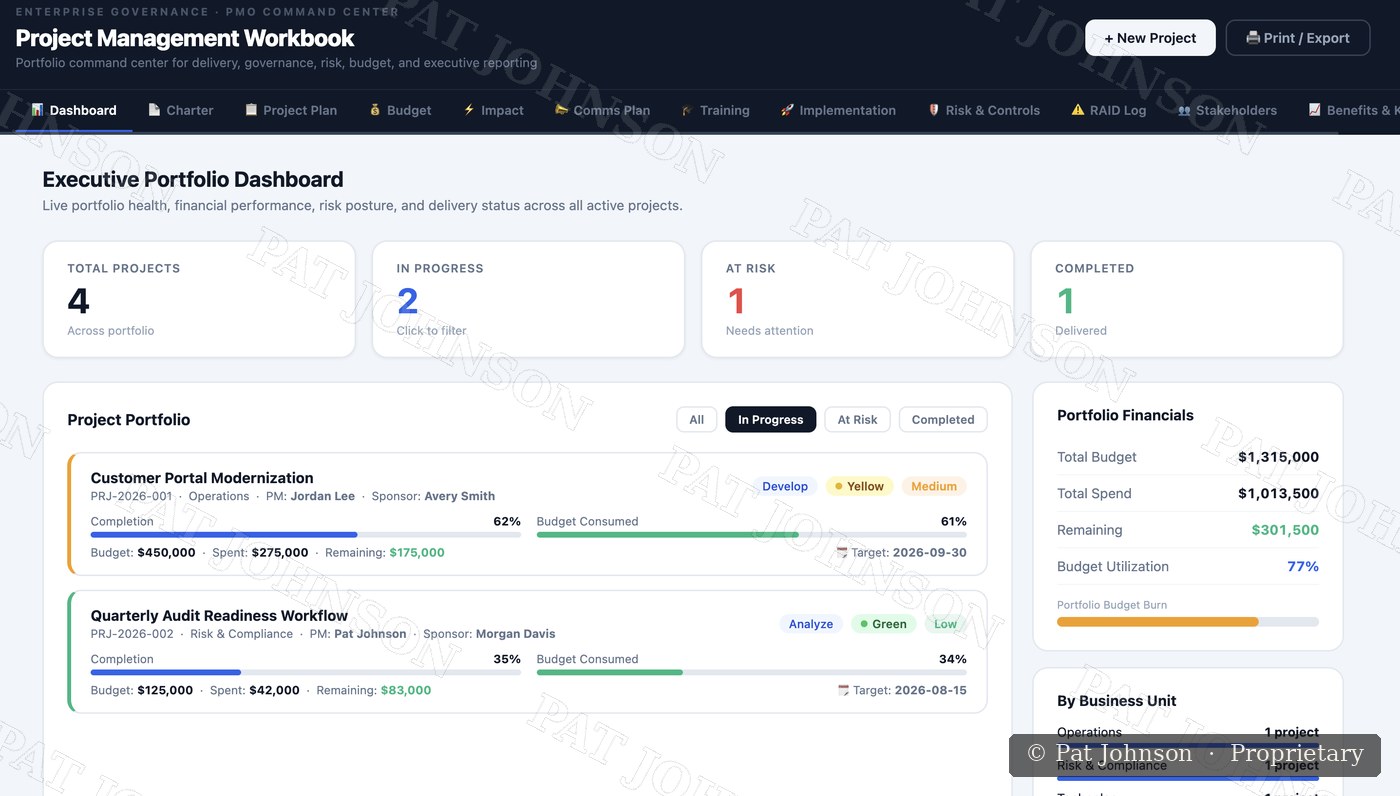 PMO Governance — Project Management Workbook dashboard