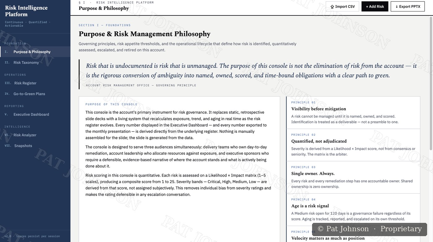 Risk Intelligence Platform — Purpose and Philosophy page